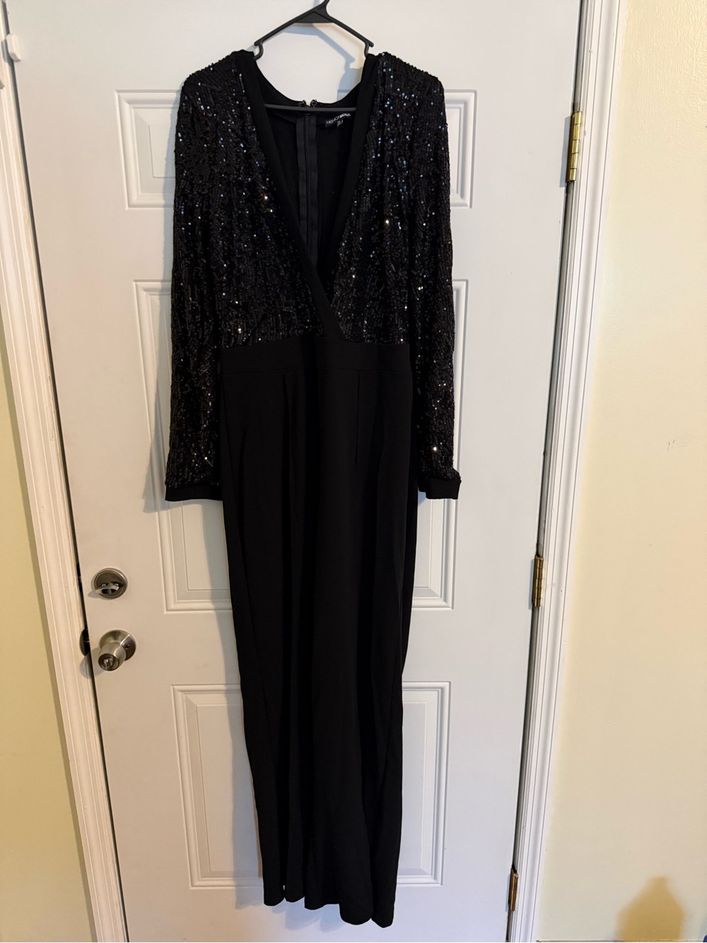 Fashion Nova Black Sequin V-Neck Long Sleeve Jumpsuit
